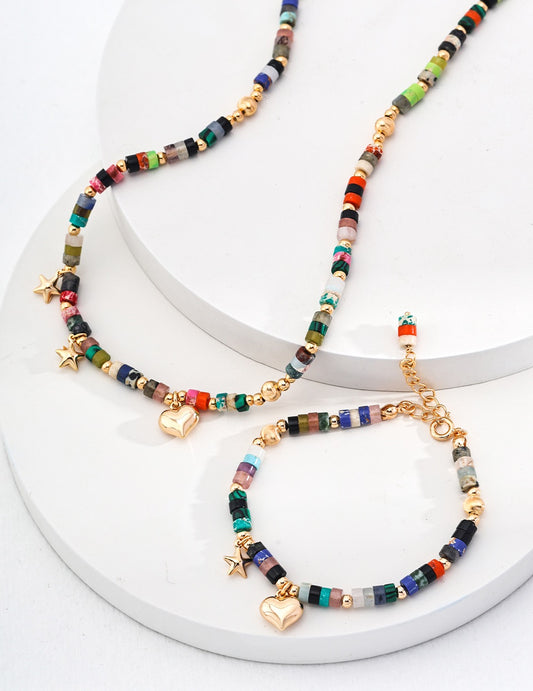 Heart Pendant Colorful Beaded Silver Bracelet