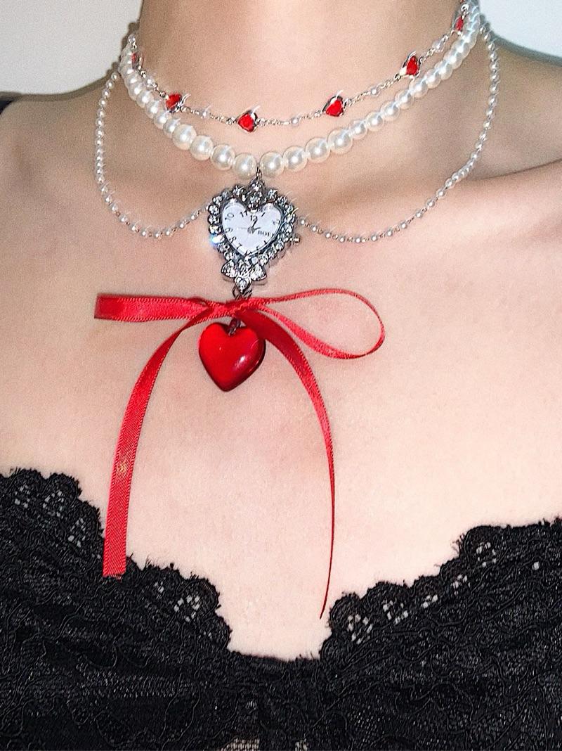 Ballet Red Heart Pendant Pearl Beaded Choker