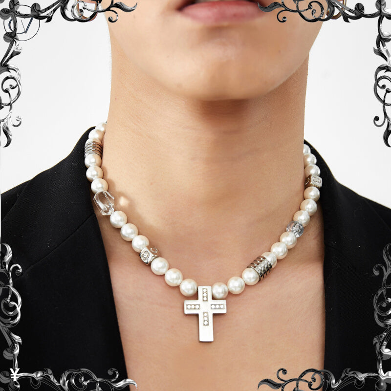 Baroque Pearl Beaded Cross Pendant Necklace