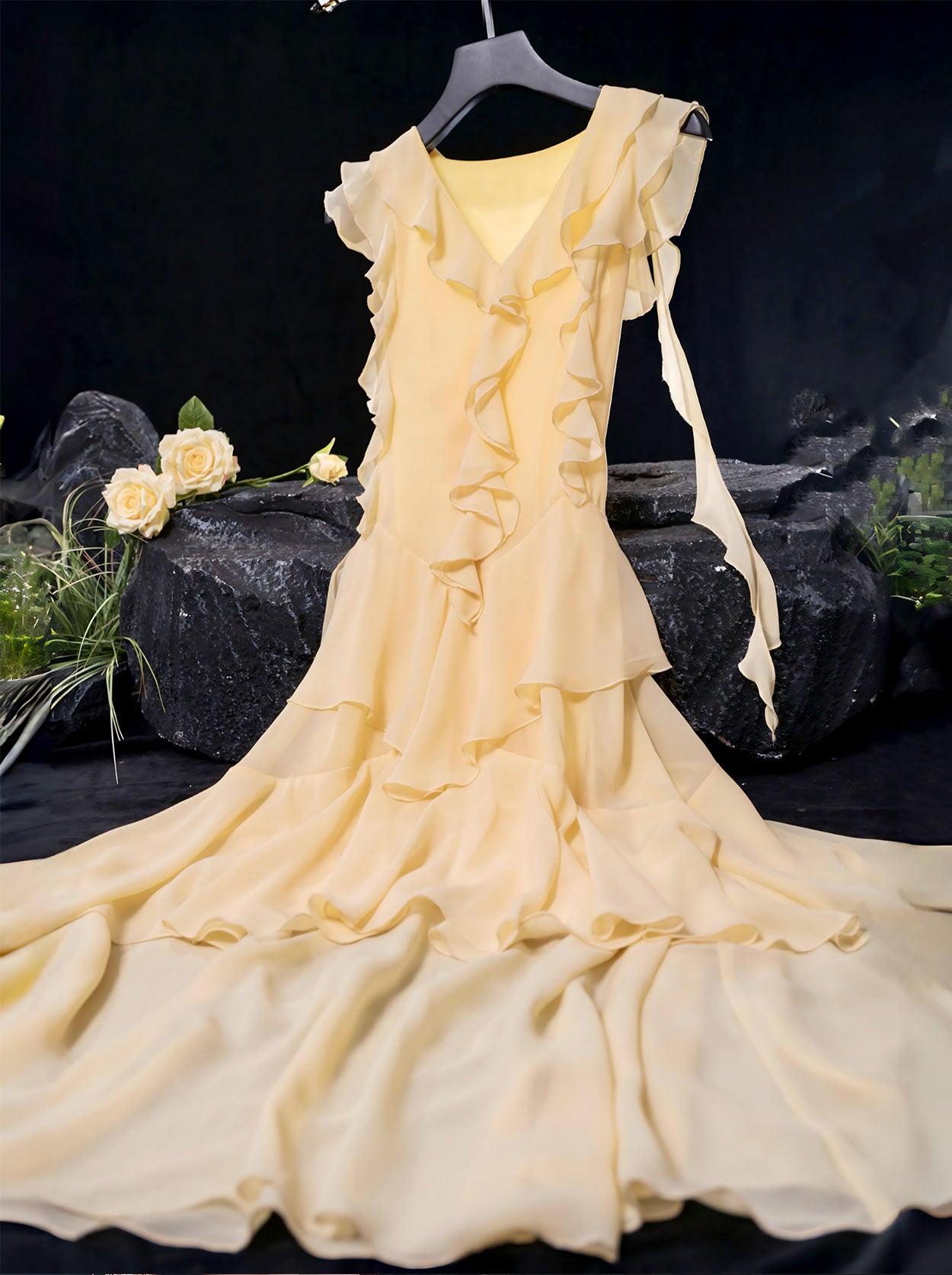 ruffle tier midi dress Confte - Odette Ruffle Mock Neck Tiered Midi Engagement Photos Dress