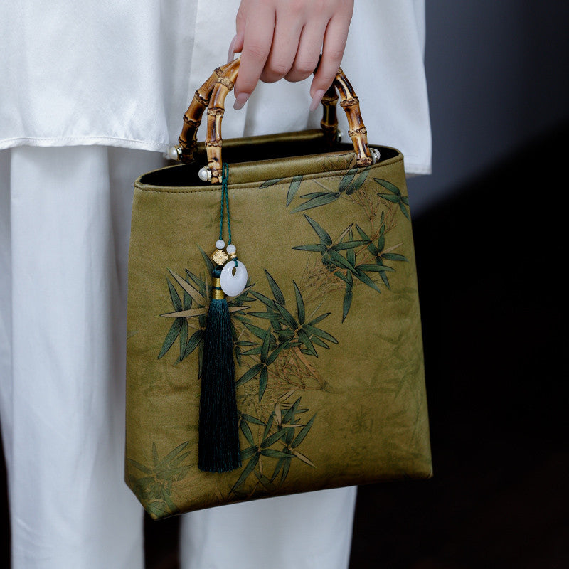 [Chinoiserie] Bamboo Leaves Printed Silk Handbag