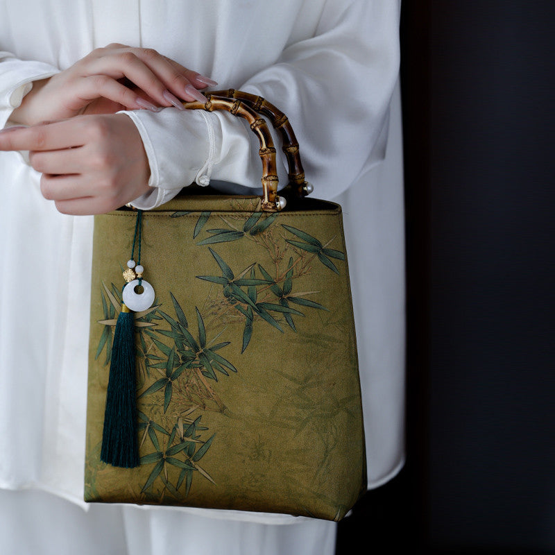 [Chinoiserie] Bamboo Leaves Printed Silk Handbag