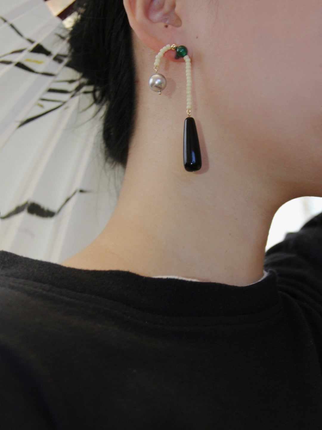 「Chinoiserie」Natural Agate Pearl Dangle Earrings