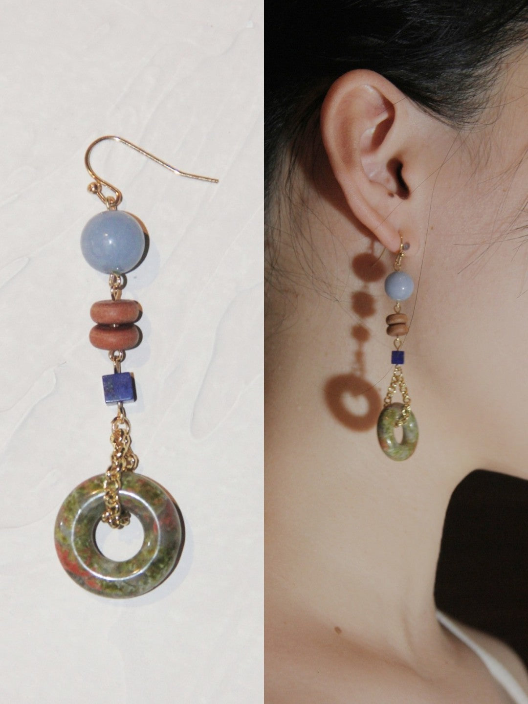 「Chinoiserie」Natural Jade Asymmetric Dangle Earrings