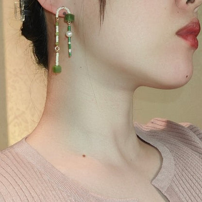「Chinoiserie」Natural Jade Green Beaded Earrings
