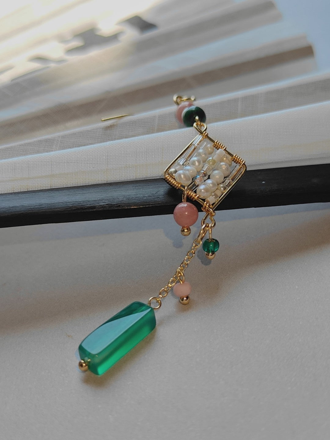 「Chinoiserie」Natural Jade Green Pink Beaded Drop Earrings