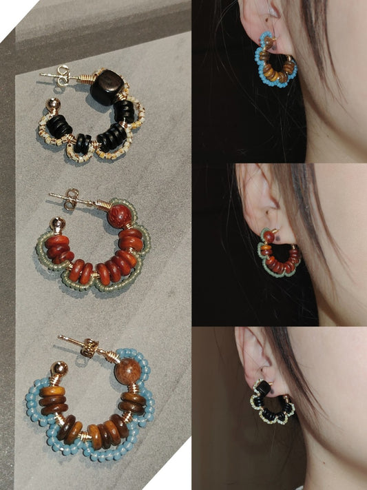 「Chinoiserie」Natural Sandalwood Flower Hoop Earrings