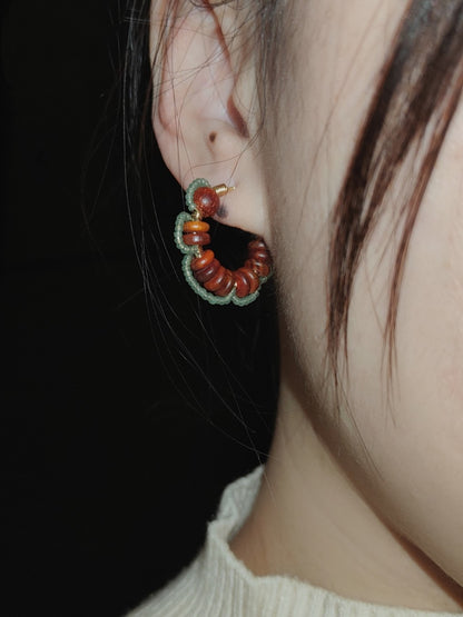 「Chinoiserie」Natural Sandalwood Flower Hoop Earrings