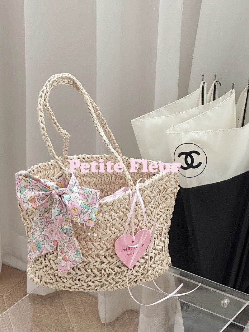 Floral Bow Handwoven Straw Bag