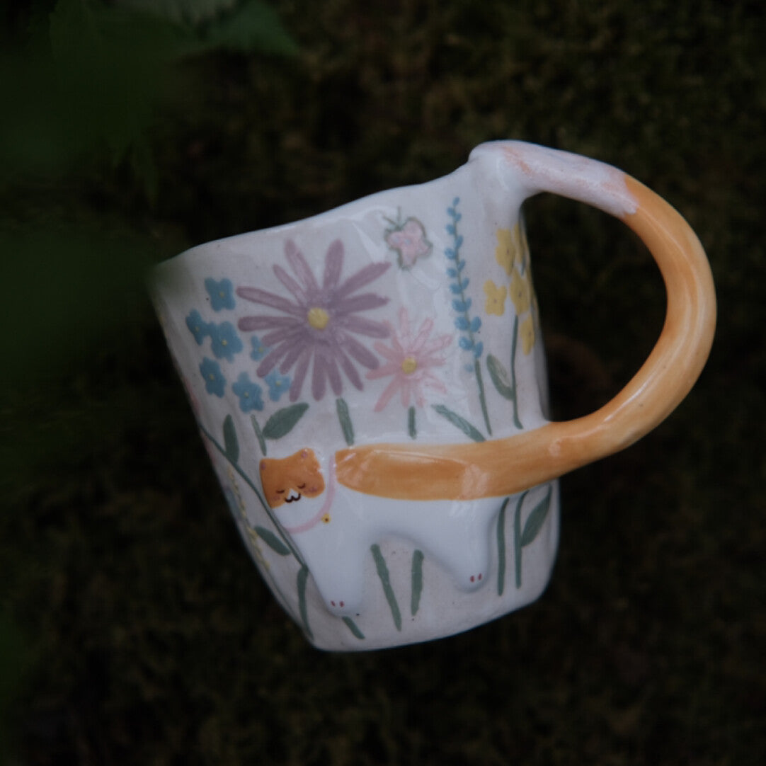 Floral Embossed Orange Cat Ceramic Mug