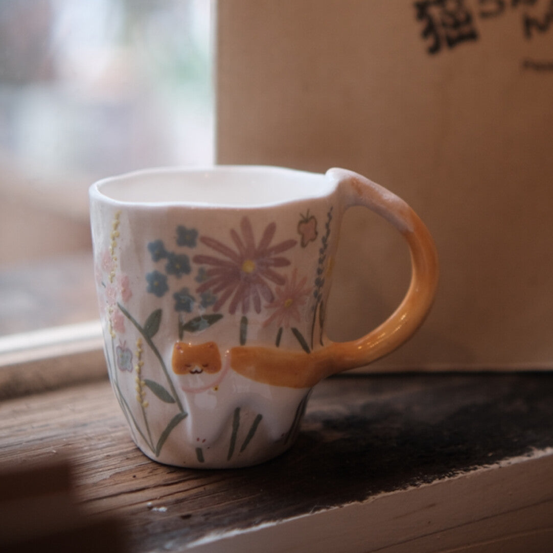 Floral Embossed Orange Cat Ceramic Mug