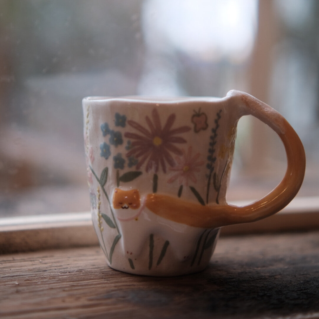 Floral Embossed Orange Cat Ceramic Mug