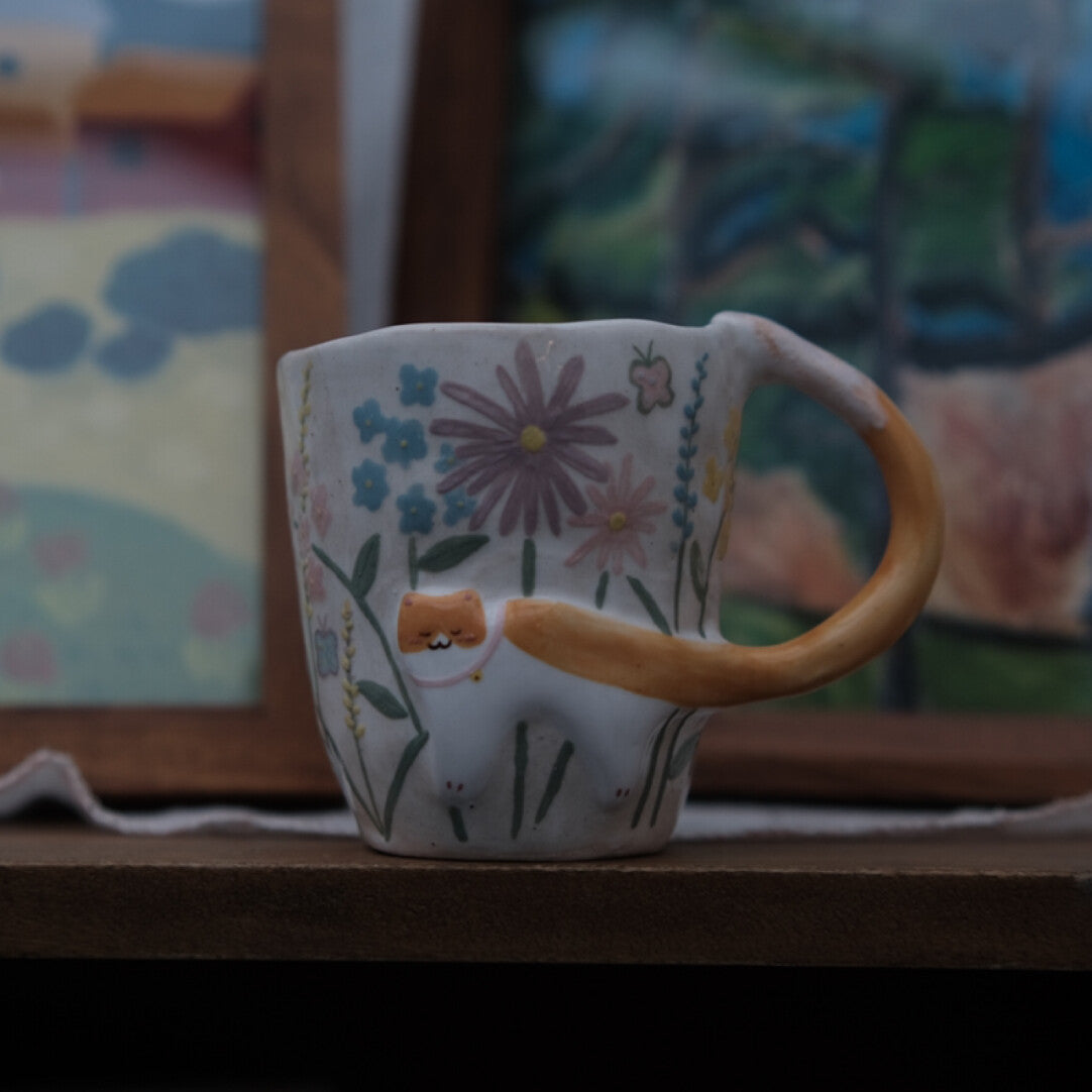 Floral Embossed Orange Cat Ceramic Mug