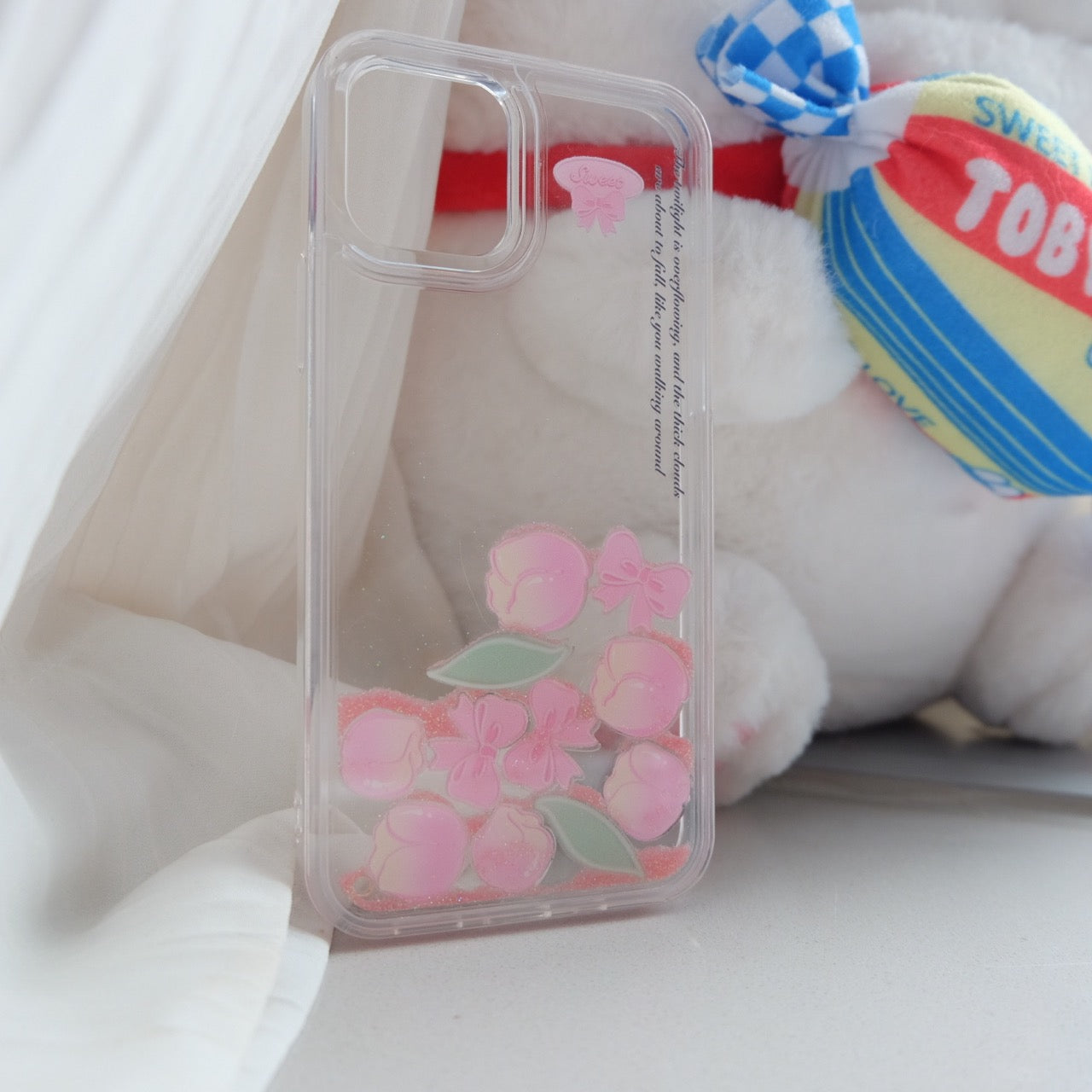 Glitter Quicksand Peach and Flower Phone Case