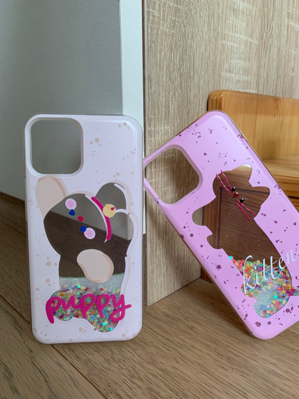 Glitter Quicksand Pink Cat and Dog Phone Case