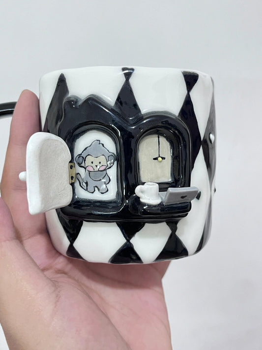 Handmade Black Plaid Monkey Ceramic Cup