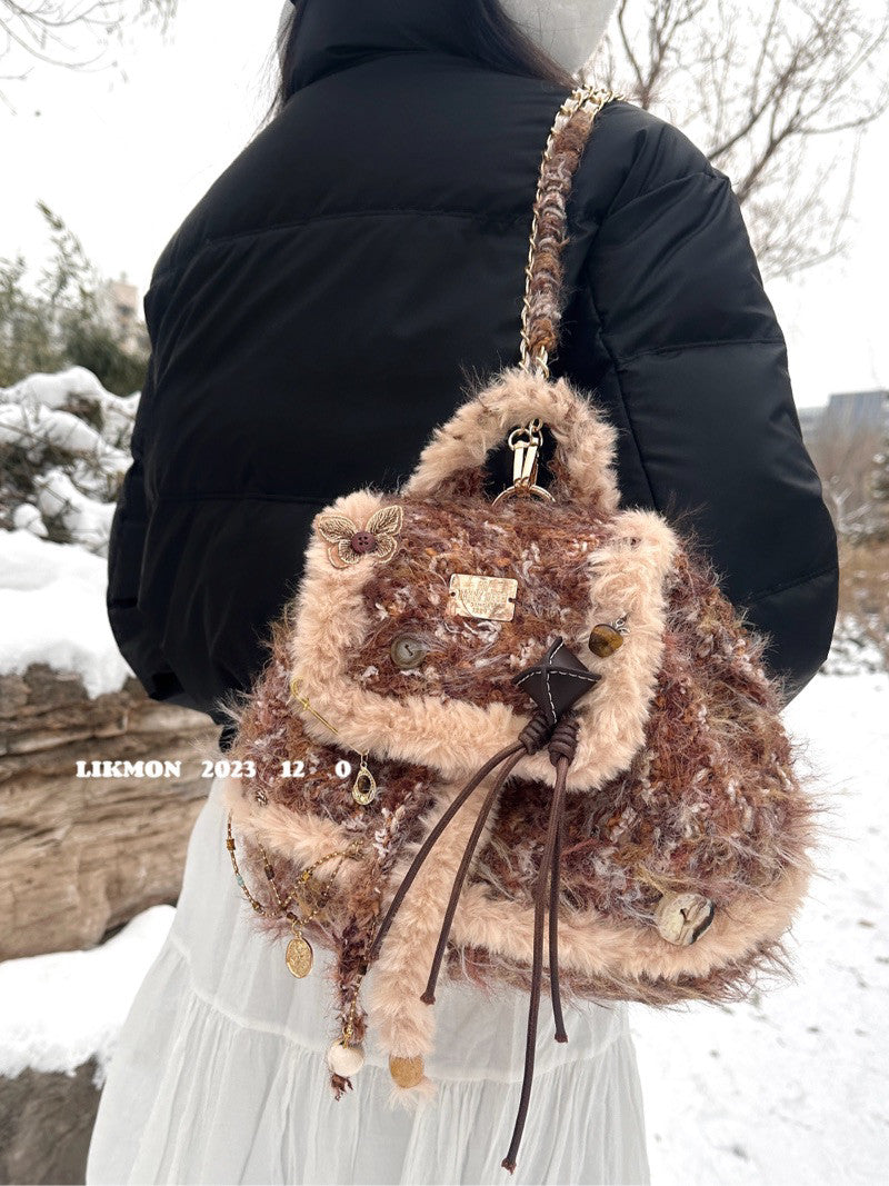 brown faux leather backpack with ivory floral crochet overlay Hazelnuts Crochet Backpack | Bag