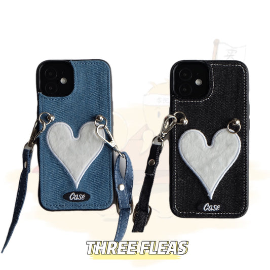 Heart Denim Crossbody Strap Phone Case