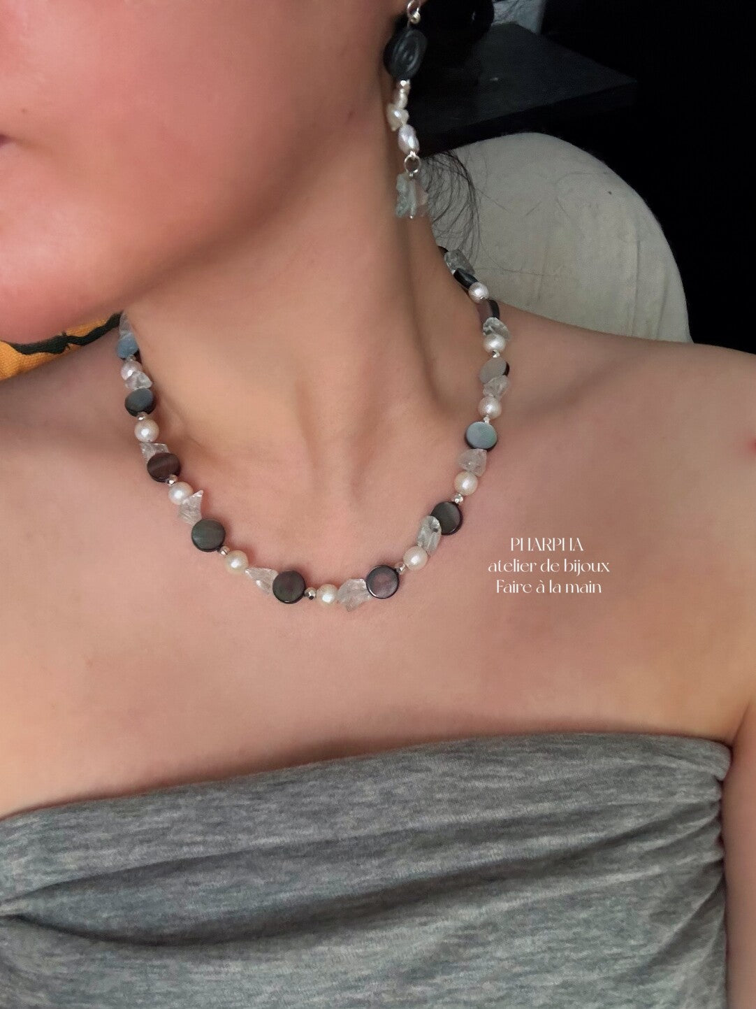 Mermaid Princess Sparkling Crystal Black Shell Pearl Necklace
