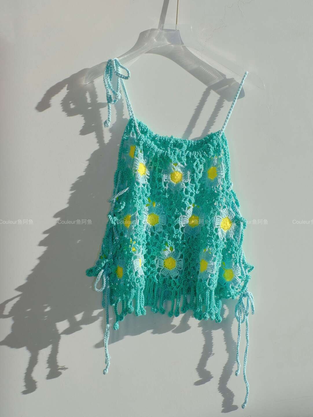 Mint Yellow Flower Tassel Handmade Crochet Top