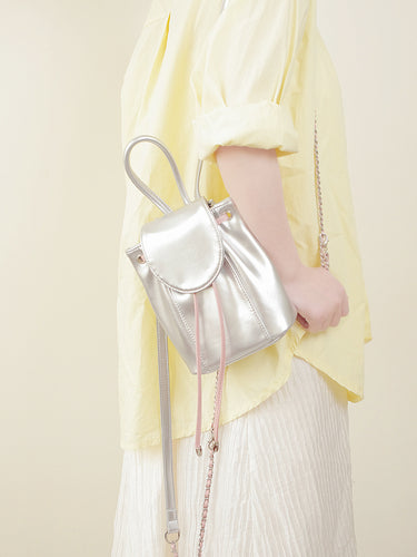 Silver Pink Drawstring Flap Shoulder Bag
