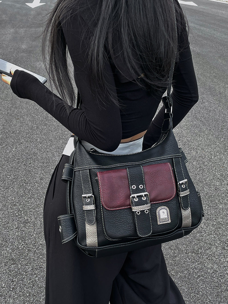 Back to School Black and Red Buckled Strap Crossbody Bag