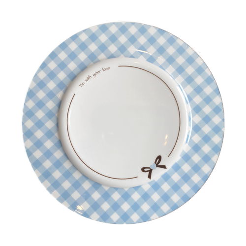 Pink Blue Plaid Bow Tie Printed Ceramic Plate