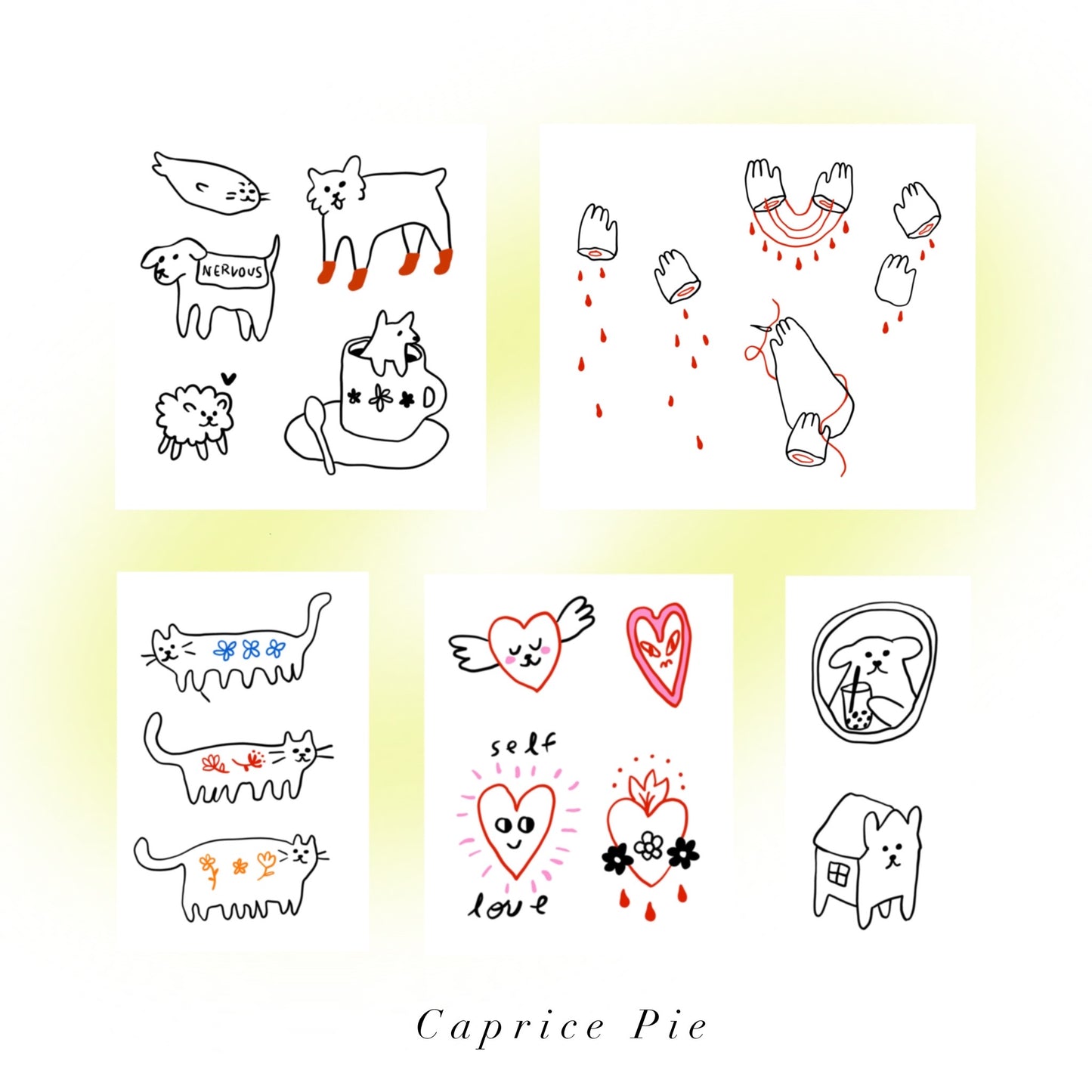 Original Design Unique Sketch Cat Puppy Waterproof Temporary Tattoo Stickers Set