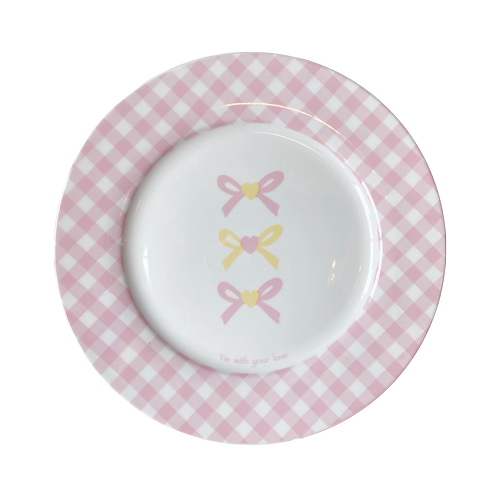 Pink Blue Plaid Bow Tie Printed Ceramic Plate