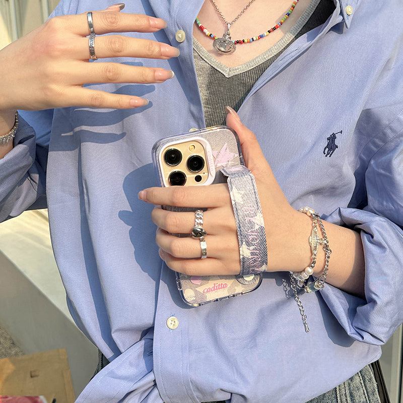 Pink Letters Denim Pattern Phone Case with Cowboy Wristband