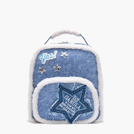 Star Patch Denim Furry Backpack