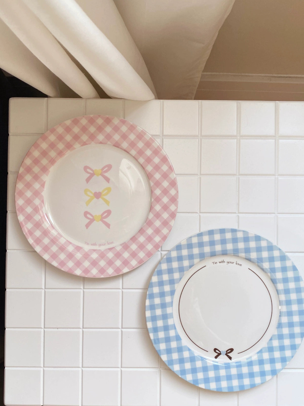 Pink Blue Plaid Bow Tie Printed Ceramic Plate