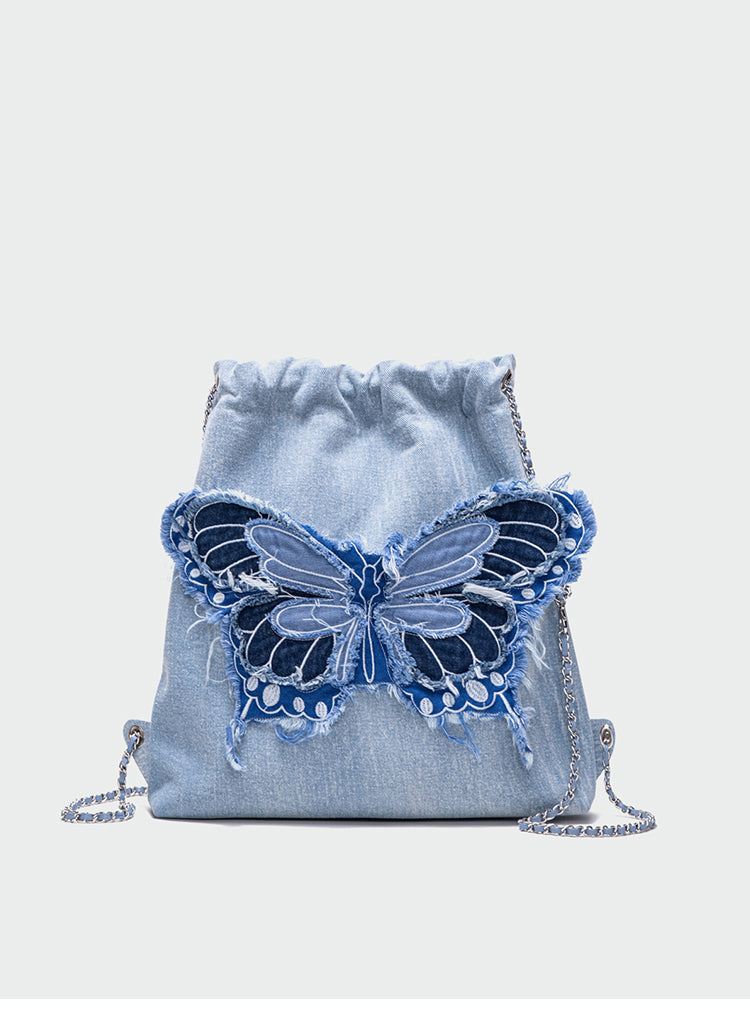 Butterfly Denim Drawstring Shoulder Bag