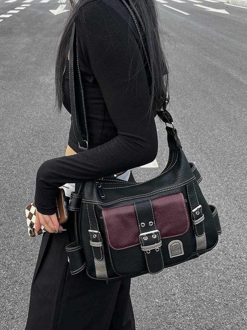 Back to School Black and Red Buckled Strap Crossbody Bag