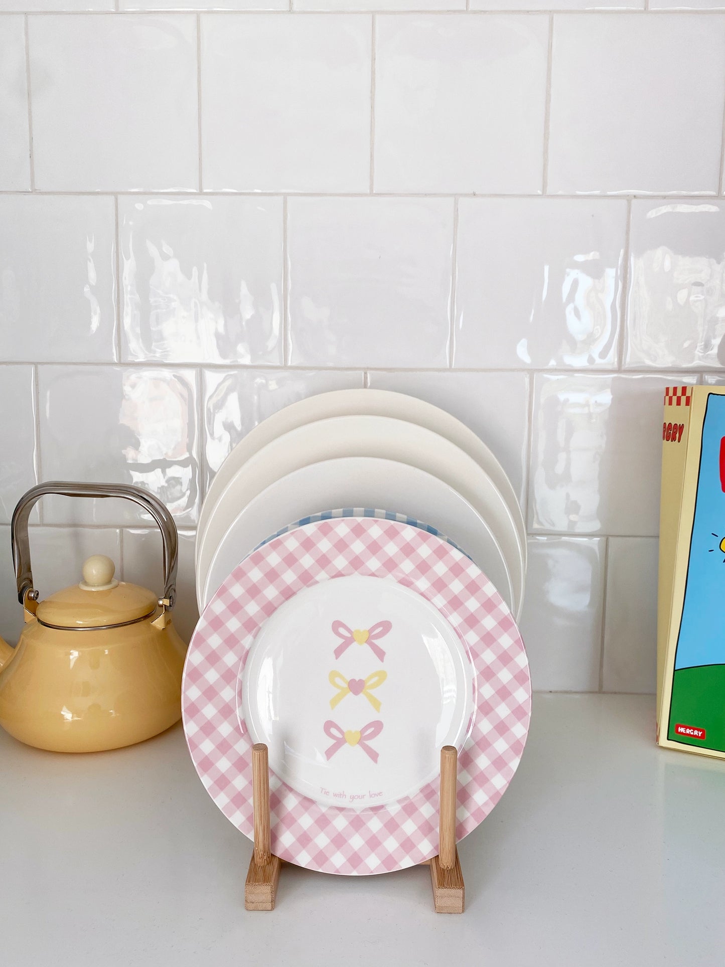 Pink Blue Plaid Bow Tie Printed Ceramic Plate
