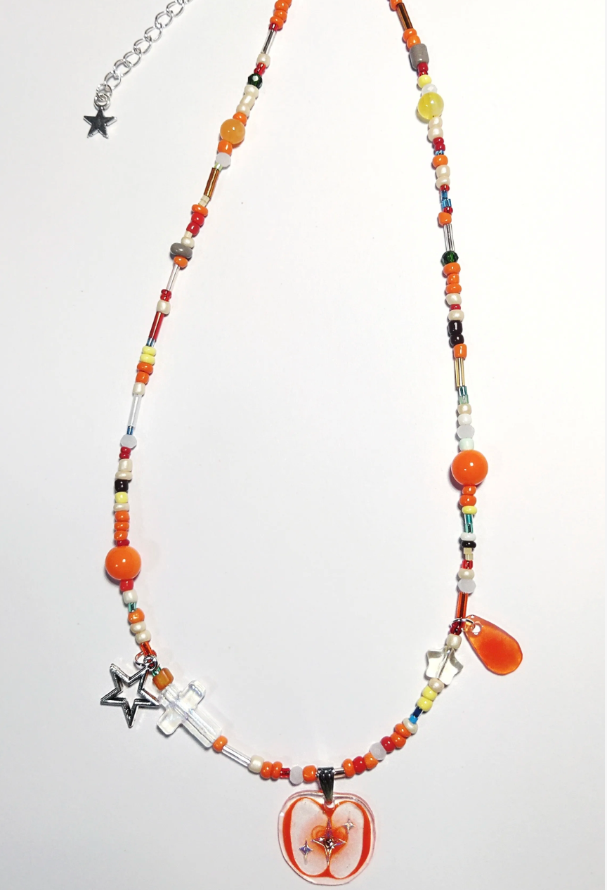 Orange Apple Shrink Plastic Charm Beaded Necklace