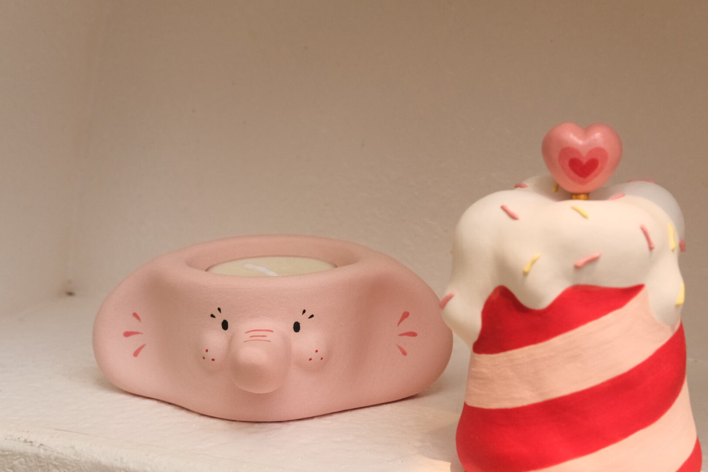 Pink Elephant Cream Hat Candle Holder