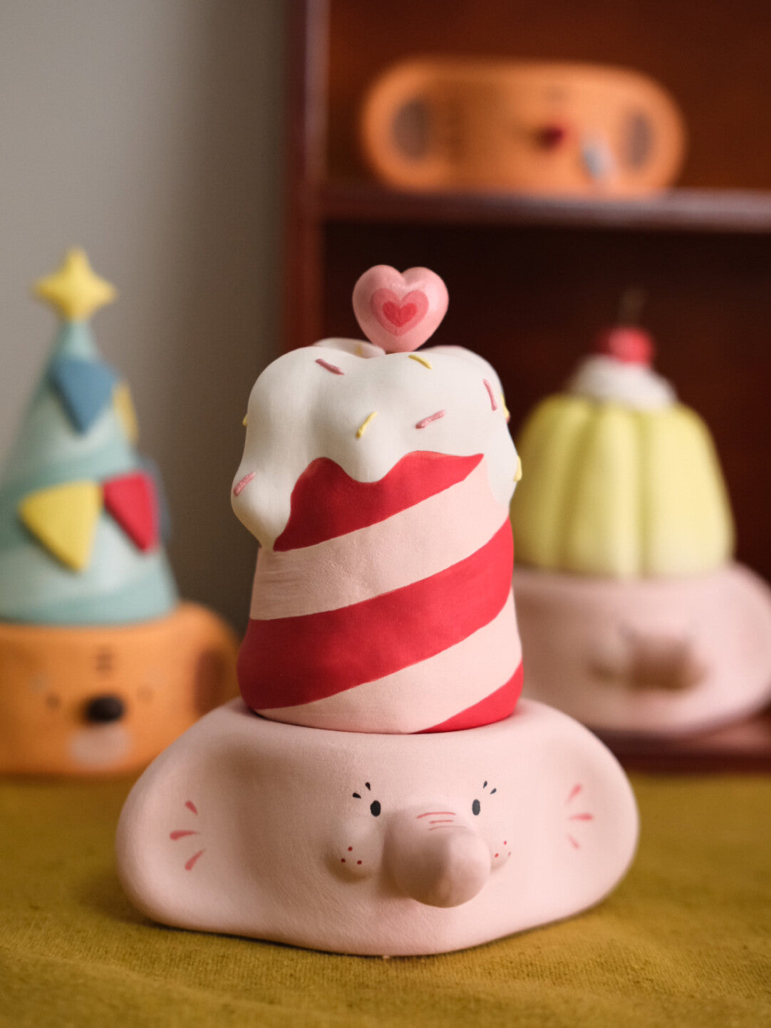 Pink Elephant Cream Hat Candle Holder