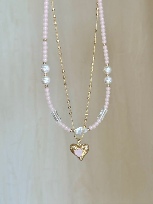 Pink Heart Pendant Layered Necklace