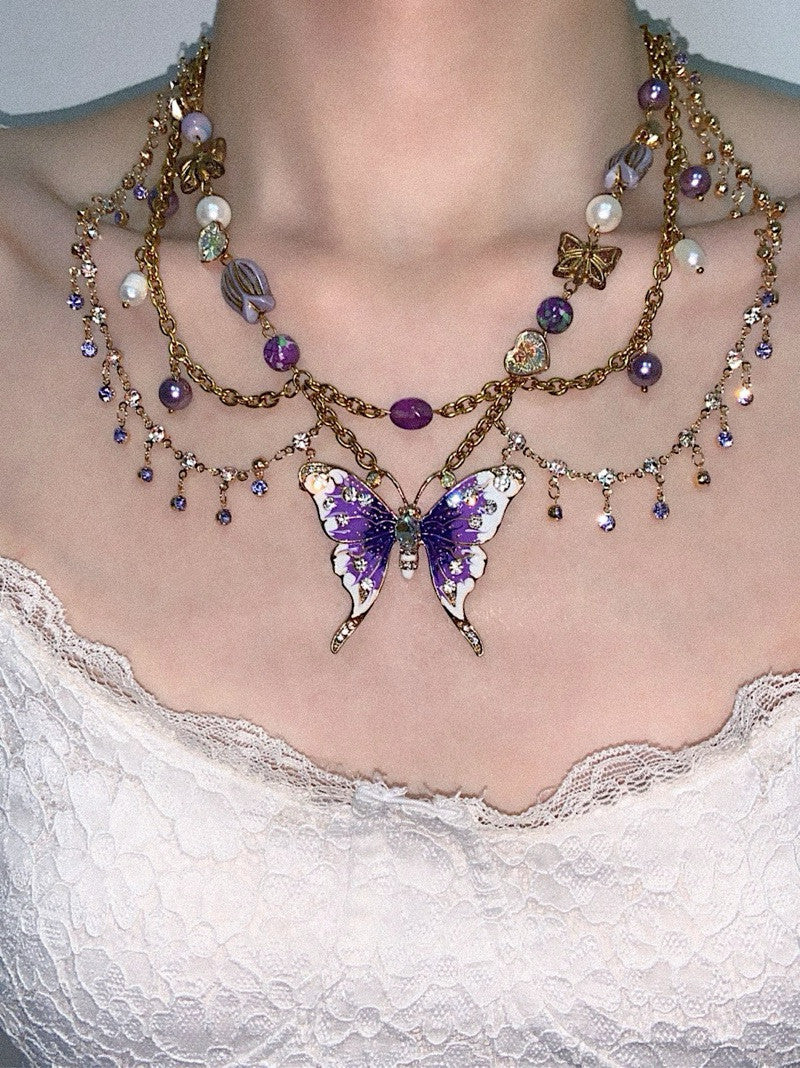 Purple Butterfly Pendant Tassel Layered Necklace Waist Chain