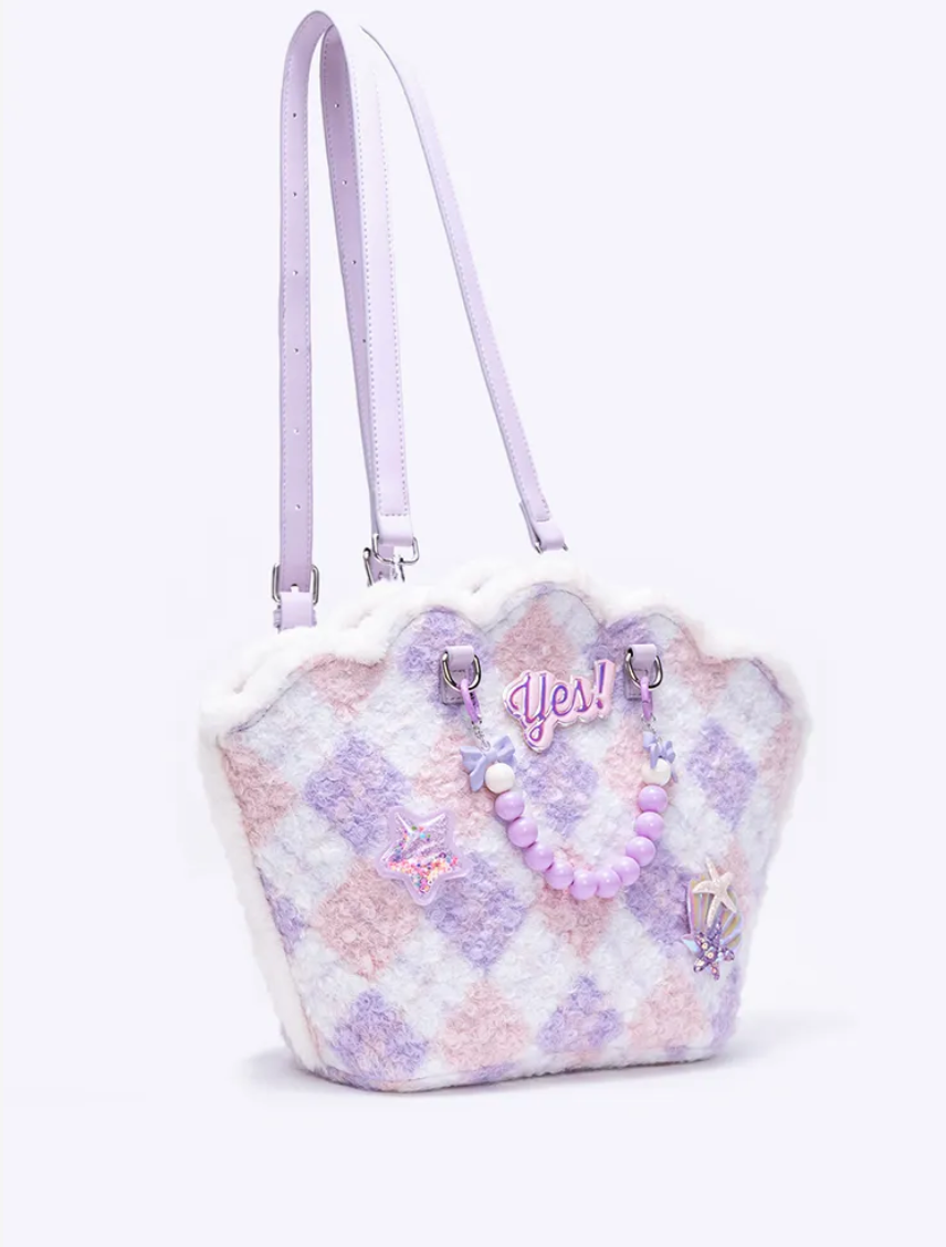 Purple Shell-Shaped Plush Beaded Shoulder Bag