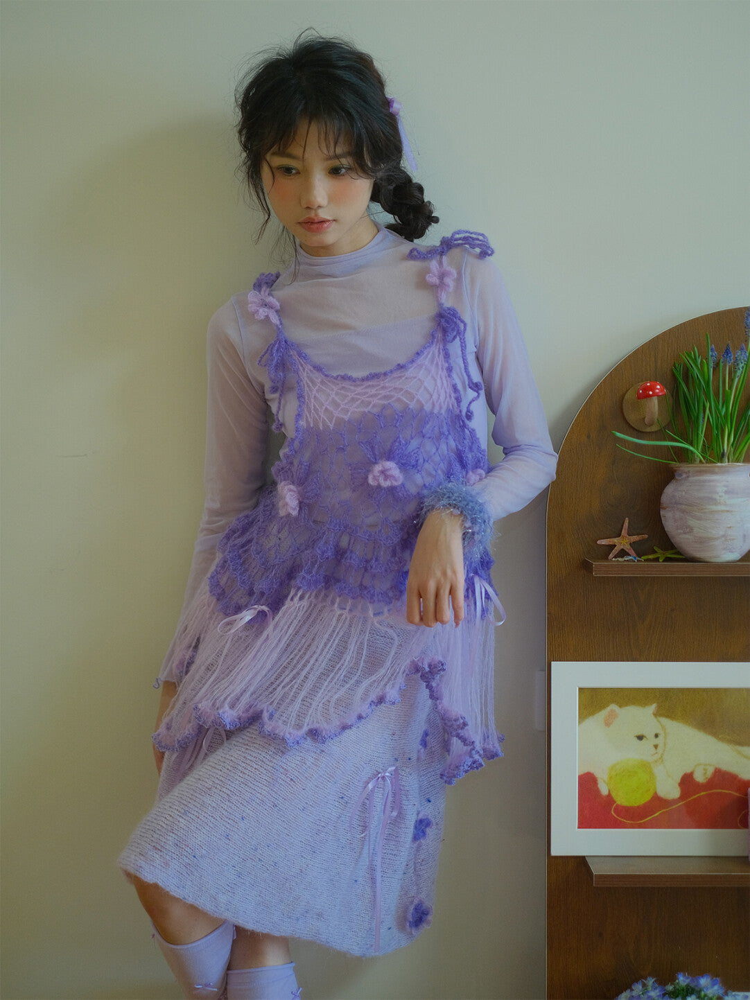 Sweet Floral Purple Handmade Crochet Tassel Cami Top