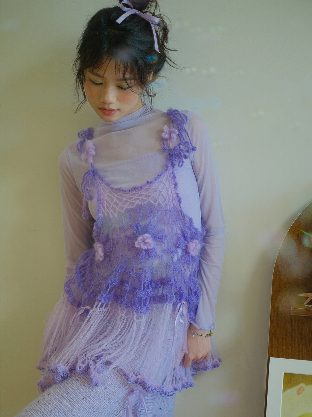 Sweet Floral Purple Handmade Crochet Tassel Cami Top