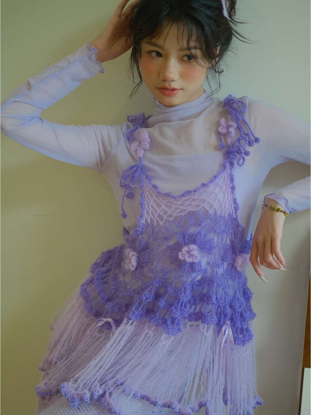 Sweet Floral Purple Handmade Crochet Tassel Cami Top