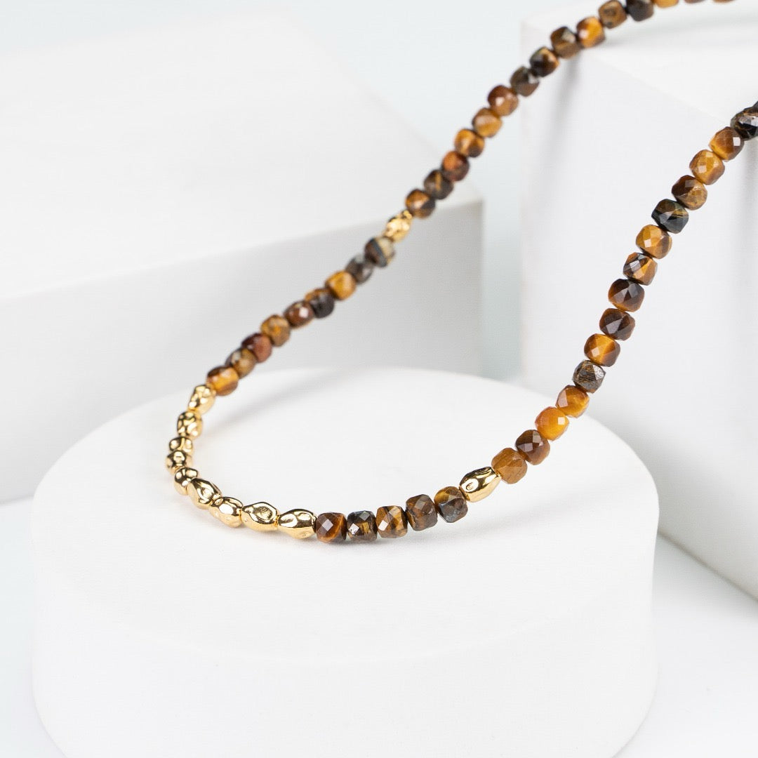 Tiger's Eye Stones Silver Beaded Necklace