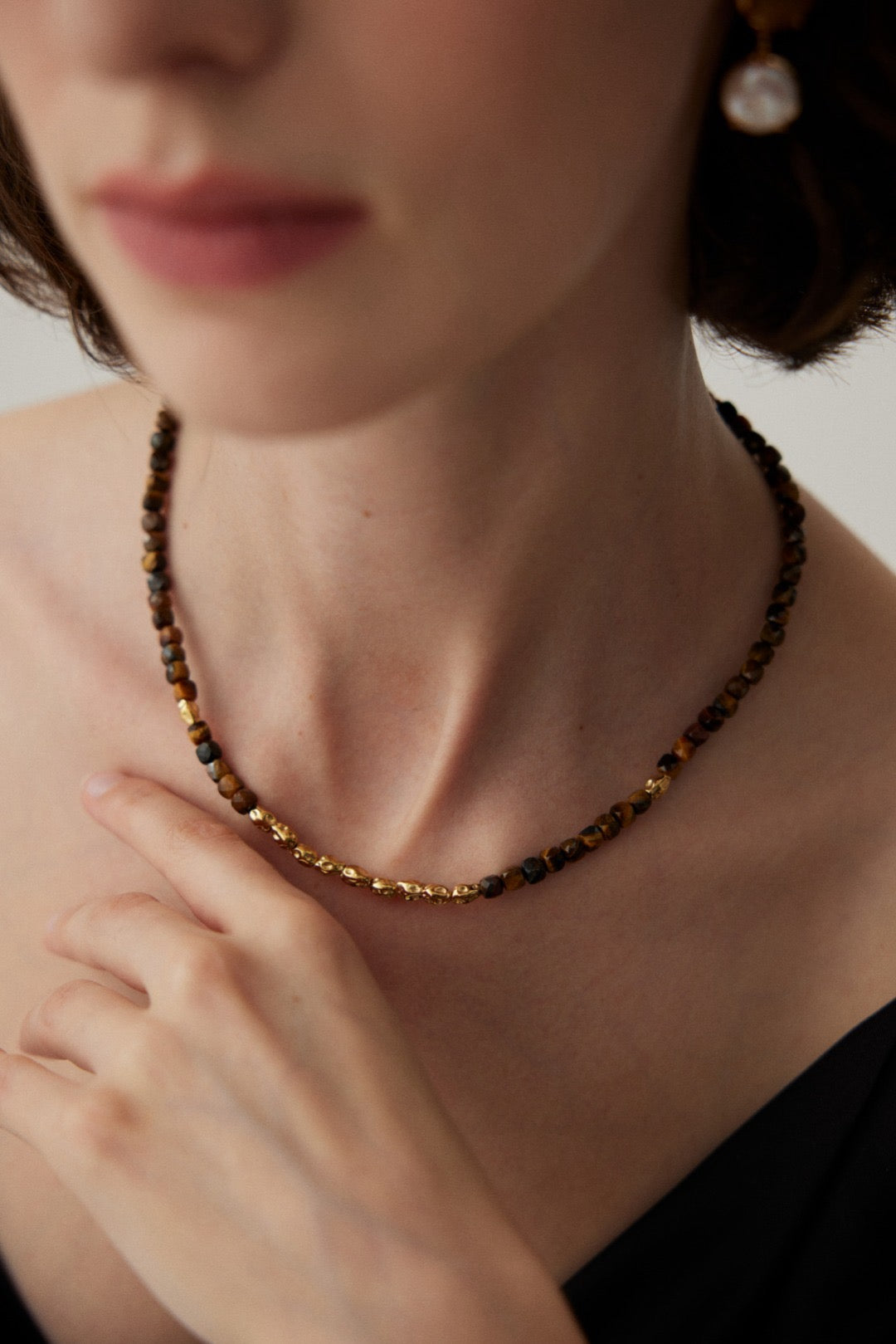 Tiger's Eye Stones Silver Beaded Necklace