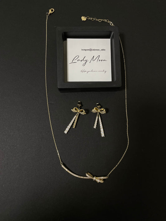 「Lady Moon」Bow Shape Earrings/NecklaceJewelry - Three Fleas