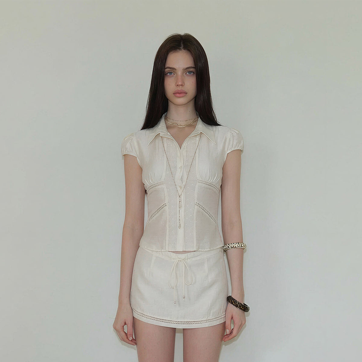 Sheer Collared Top and Mini Skirt Set