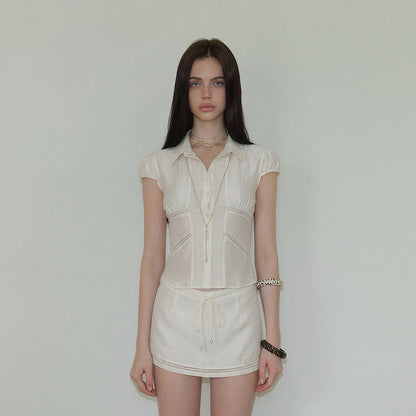 Sheer Collared Top and Mini Skirt Set