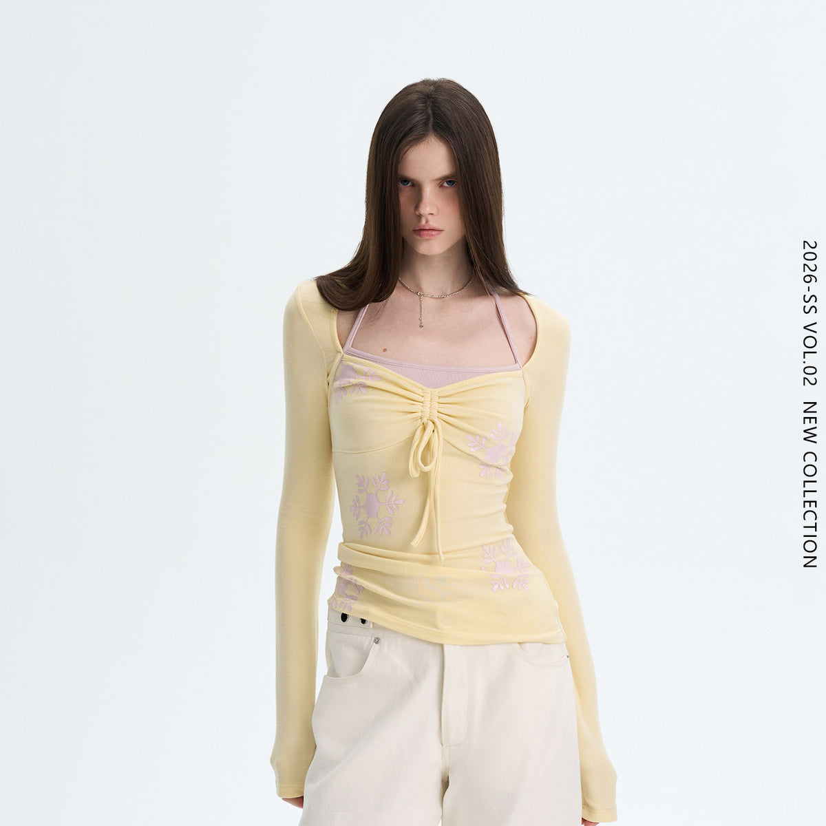 Ruched Tie-Front Long-Sleeve Top